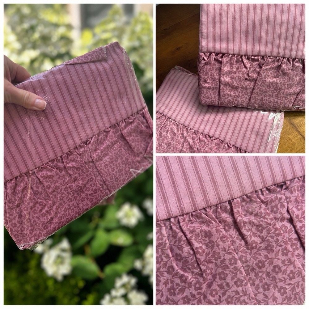 Vtg Dan River 2 Pillow Shams Standard Dusty Pink strip floral Cottage Romantic